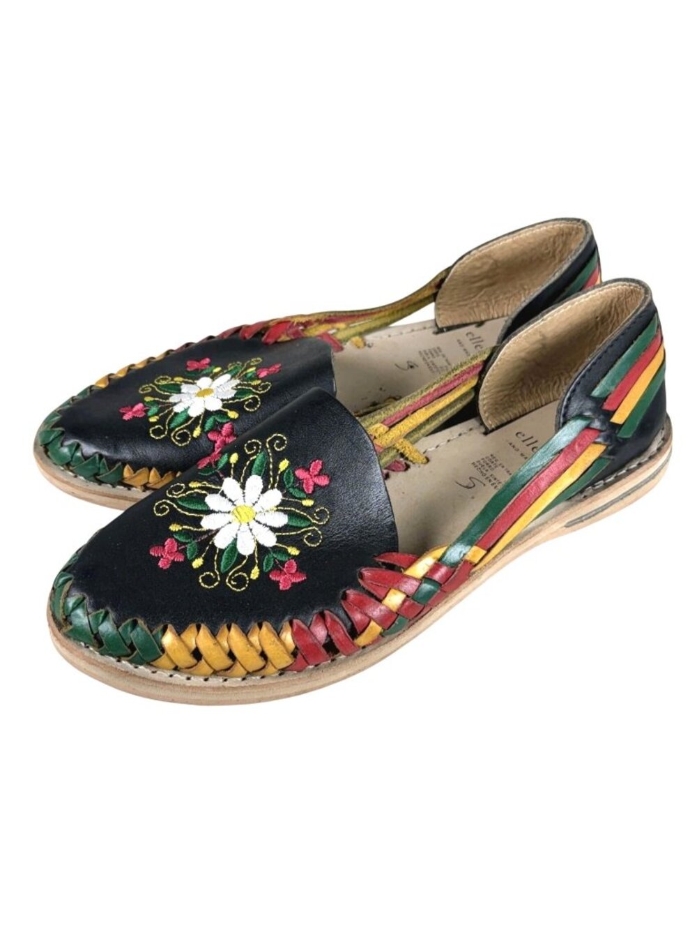 Elleanor Mexican Leather Huarache Sandals - Floral Embroidered Woven Flats - Siz